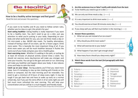 this worksheet is composed of a reading cmprehension text followed with questions. the text is about tips to be healthy ( eat healthy food, practise sport and get enough sleep) How To Be Healthy, Healthy And Unhealthy Food, Get Enough Sleep, Eat Healthy Food, Explanation Text, Be Healthy, Unhealthy Food, The Text, Keep Fit