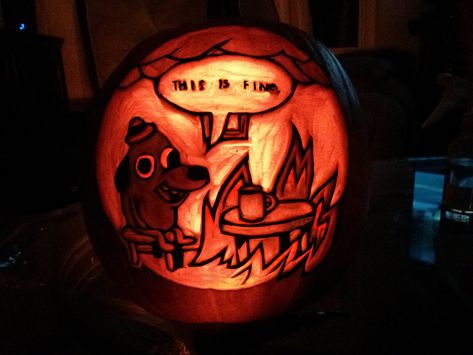 This is fine | by Medusacharm Science Pumpkin Carving, Carving Pumpkins Ideas, Funny Pumpkin Carving Ideas, Funny Pumpkin Carving, Pumpkin Inspo, Funny Pumpkin Carvings, Cute Pumpkin Carving, Pumkin Carving, Creative Pumpkin Carving