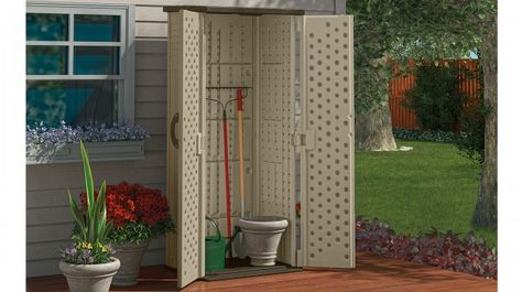 The vertical shed is a great option for outdoor equipment. #SuncastCorp… Suncast Storage Shed, Resin Sheds, Tool Shed, Resin Storage, Outdoor Sheds, Outdoor Essentials, Tool Sheds, Outdoor Storage Sheds, Vertical Storage