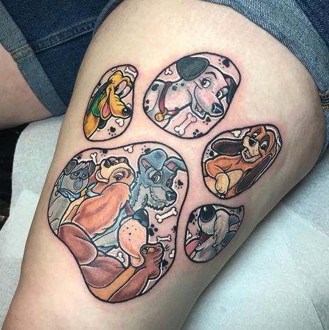 Disney dogs tattoo Disney Tattoo Inspiration, Cartoon Characters Tattoo Ideas, Dog Sleeve Tattoo, Disney Animals Tattoo, Disney Animal Tattoos, Disney Sidekicks Tattoo Sleeve, Disney Dog Tattoos, Leg Tattoos Women Disney, Disney Leg Sleeve Tattoo