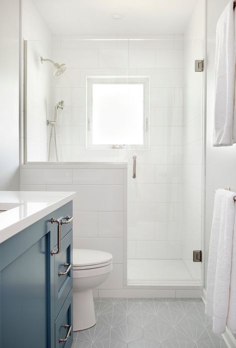 Bathroom With Blue Cabinets, Shower Door Ideas, Hinged Shower Door, Bathrooms Ideas, New House Bathroom, Galley Style Kitchen, Bathroom Remodel Pictures, Charleston Homes, Transitional Bathroom