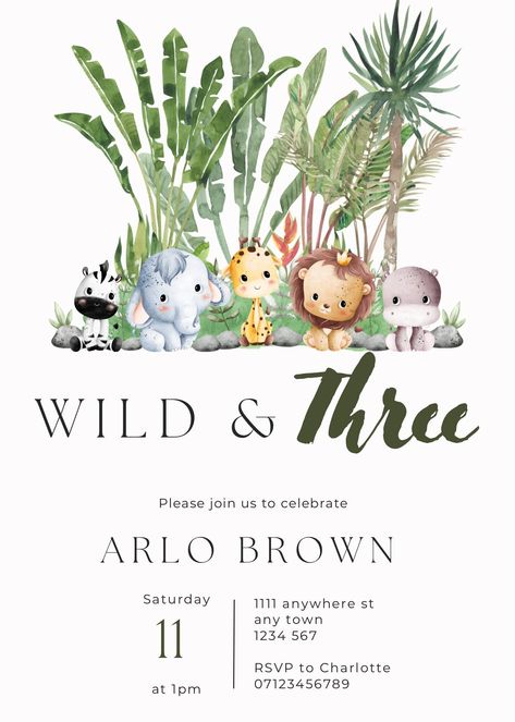 Wild & Three!! a jungle themed party invitation -you will receive a template that you can download and edit as you wish! Three And Wild Birthday Party, Safari 3rd Birthday Party Boy, Wild And Three Birthday Boy, Third Birthday Boys, Jungle Themed Party, Safari Invitation, Safari Invitations, Wild Party, Baby Birthday Themes