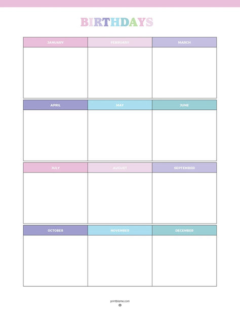 Birthday calendar printable with sections for each month to list and track birthdays throughout the year. Birthday Chart Printable Free, Work Birthday Calendar, Free Printable Birthday Chart Classroom, Planner Birthday Layout, Birthday Tracker Printable Free, Birthday Calander Printable Free Calendar, Birthday Tracker, Birthday Calendar, Grade Book