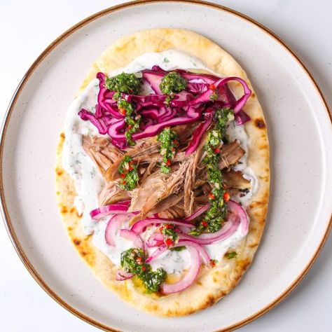 Pulled Lamb Flatbreads with Pickled Red Cabbage, Minted Chimichurri and a Herb Yoghurt - Fork and Twist Lamb Meal Prep, Pulled Lamb Recipes, Lamb Wraps, Greek Chicken Gyros, Easy Greek Chicken, Pulled Lamb, Pickled Red Cabbage, Bread Toppings, Chicken Gyros