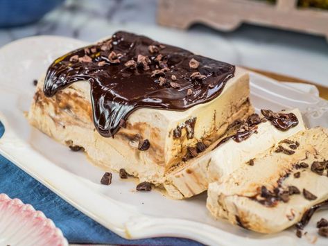 Coffee and Fudge Semifreddo Recipe | Katie Lee | Food Network Coffee Semifreddo, Vanilla Semifreddo, Food Photography Coffee, Coffee Fudge, Semifreddo Recipe, The Kitchen Food Network, Bourbon Cream, Photography Coffee, Food Net