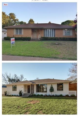 1960s brick rancher | painted brick | replaced windowns | that porch <3 <3 Painted Brick Ranch, Architecture Lifestyle, Spanish Bungalow, Painted Brick House, House Makeovers, Ranch Remodel, Ranch Exterior, Brick Ranch, Home Exterior Makeover