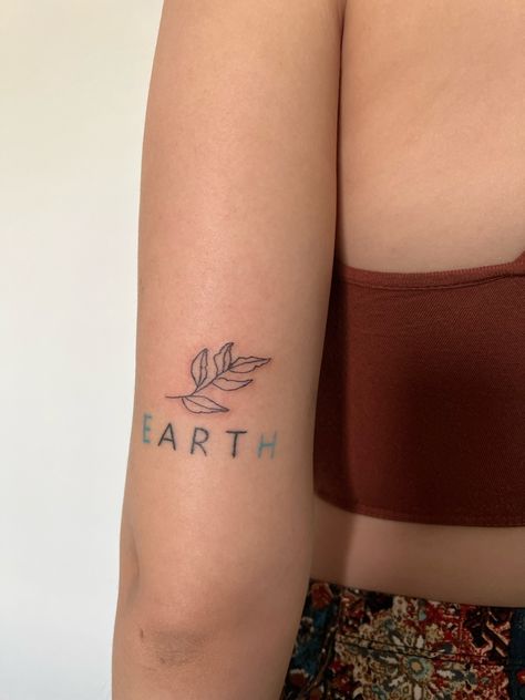 Matching Earth Sign Tattoos, Earth Word Tattoo, Earthy Boho Tattoos, Earth Art Tattoo Word, Down To Earth Tattoo Ideas, Save The Earth Tattoo, Earth Outline Tattoo, Earthy Girl Tattoos, Earth Signs Tattoo