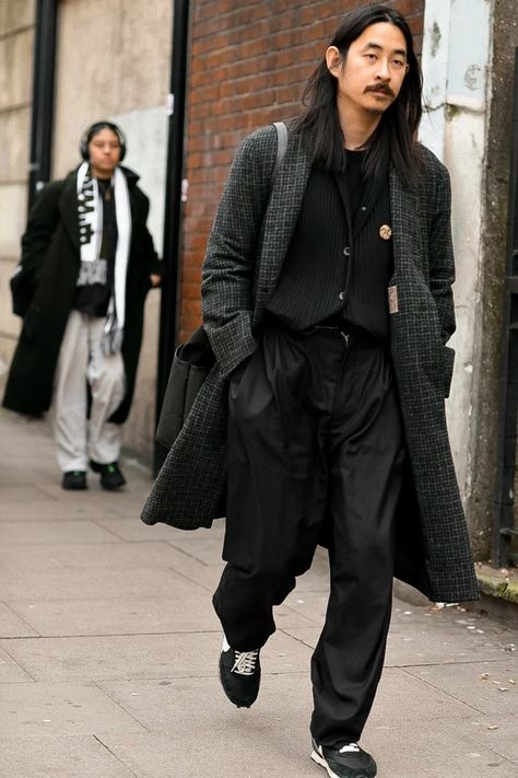 Teal Suit, Knitted Waistcoat, Tweed Overcoat, Black Overcoat, London Fashion Week Mens, London Fashion Week Street Style, Wool Overcoat, Straight Cut Jeans, Grey Trousers