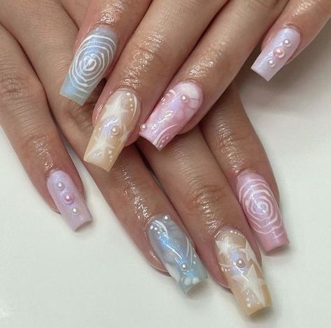 Bibble Barbie Nails, 90s Prom Nails, Korean Style Nails Art, 2010s Nails, Seaglass Nails, Japanese Jelly Nails, Gel Nails With Rhinestones, Mermaid Core Nails, Fairy Aesthetic Nails