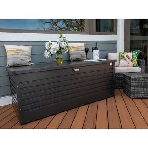 Biohort 210 Gallon Water Resistant Metal Deck Box with Lock in Dark Gray | Wayfair Poolside Accessories, Yard Accessories, Stylish Storage Boxes, Pool Terrace, Metal Deck, Sail Canopies, Box With Lock, Large Pool, Outdoor Space Design