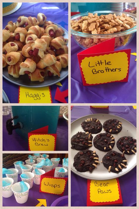 Brave themed snacks for birthday party. FYI wisps don't live in Texas and were melted by the humidity in minutes. Pocohantas Themed Food, Brave Party Food, Brave Inspired Food, Brave Themed Food, Brave Themed Dinner, Brave Themed Birthday Party, Merida Brave Birthday Party Ideas, Cryptid Birthday Party, Toddler Birthday Food Ideas