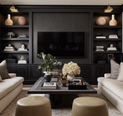 Farrow And Ball Media Wall, Tv Statement Wall, Wall Bump Out Ideas, Media Wall Styling, Traditional Media Wall, Panelled Tv Wall, Moody Tv Room, Media Wall Living Room, Built In Tv Wall Unit With Fireplace