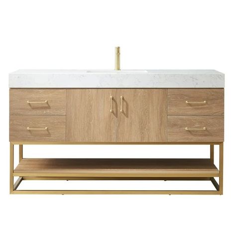 Vinnova Alistair 60" White Stone Top Oak Single Vanity Gold Frame w/o Mirror - Walmart.com Free Standing Vanity, Pvc Board, Single Sink Vanity, White Quartz Countertop, Bathroom Top, Single Basin, Wood Vanity, Oak Cabinets, Ceramic Sink