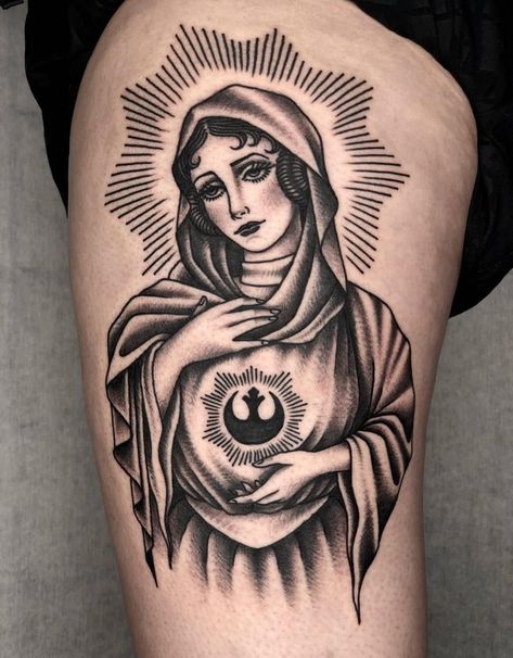 Jesus Traditional Tattoo, Star Wars Traditional Tattoo, Saint Mary Tattoo, Traditional Virgin Mary Tattoo, Traditional Angel Tattoo, Mother Mary Tattoo, Spiderman Tattoo Ideas, Tattoo Spiderman, Leia Tattoo