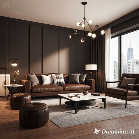 White Dark Brown Interior Design Living Room, Dark Brown Room Ideas, Dark Brown Recliner Living Room Decor, Black And Brown House Interior Design, Walnut Floors Living Room Decor, Medium Brown Floor Living Room, Chocolate Brown Walls Living Room, Dark Brown Couch Living Room Ideas Modern, Dark Brown Walls Living Room