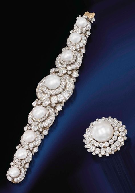 A HISTORIC PEARL AND DIAMOND BRACELET AND BROOCH, CIRCA 1878. Provenance: Hannah, Countess of Rosebery (1851-1890) née de Rothschild. The bracelet, designed as a series of eight graduated bouton-shaped natural pearls and old-cut diamond clusters to the fine-stone line intersections, mounted in silver and gold. Pearl Jewels, Jewelry Bracelets Silver, Diamond Bangles Bracelet, Sterling Bracelets, Mom Jewelry, Brooch Jewelry, Chan Luu, Pearl Diamond, Gorgeous Bracelet