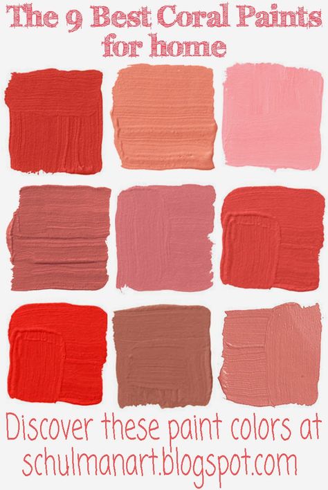 coral color | Discover the best coral paint colors for home at http://schulmanart.blogspot.com/2014/07/9-best-coral-paint-colors-for-homes.html Salmon Paint Color, Coral Paint Colors, Coral Paint, Coral Room, Coral Shades, Coral Colors, Shades Of Coral, Coral Walls, Painted Cupboards