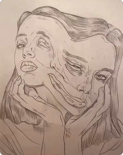 Hands On Face Drawing, 2 Faced Drawing, Objects Drawing, Expressive Portraits, Distortion Art, Aesthetic Paint, Drawings With Meaning, One Direction Drawings, Smile Drawing