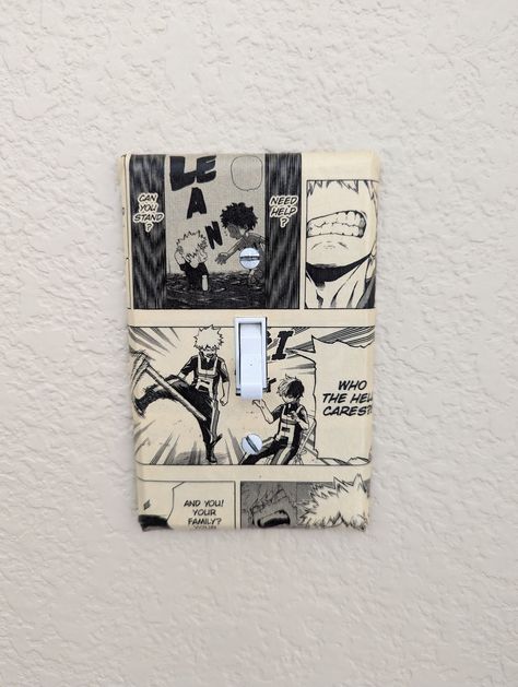 Light switch covers with pages from a popular wizarding series or pages from the popular My Hero Academia manga. Perfect for any room of a book lover or otaku!  (Pages were taken from a misprint version of a certain wizarding book and retired (damaged) library manga. As a book lover myself, I would never rip up a perfectly good book.) Please note that you will NOT necessarily get the one in the pictures. If you like, I can show you what I have and you can choose the one you prefer. Please send m Spider Man Light Switch, Spiderman Light Switch, Anime Light Switch Cover, Duct Tape Flower Pens, Winnie The Pooh Light Switch Cover, Vintage Lightswitch Cover, Flower Pens, Anime Jewelry, Crochet Bee