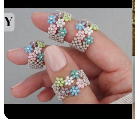 Diy Finger Ring, Diy Beaded Flower Ring, How To Make A Seed Bead Flower, Flower Ring Beads, Seed Bead Rings Tutorial, Seed Bead Flowers Tutorial, Beaded Flower Bracelet Tutorial, Seed Bead Flower Ring, Seed Beads Rings