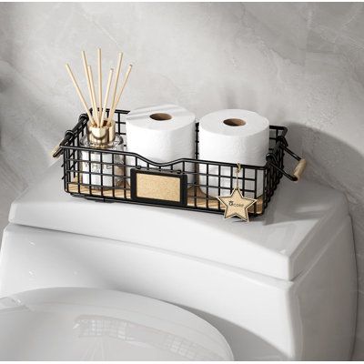 This bathroom decor basket is an idea decorative accessory for bathroom organizers and storage. Wooden handle and cork base design combines the aesthetic and practicality. Finish: Black | 17 Stories Bathroom Organizer Basket w / Handle, Bathroom Decor Organizer brownWood / Metal in Black | 11.8" W X 11.8" D | Wayfair | Organization Bathroom Washstand, Countertop Pantry, Organize Bathroom Countertop, Counter Organizer, Bathroom Countertop Organizer, Small Baskets, Bathroom Counter Organization, Pantry Baskets, Bathroom Organizers