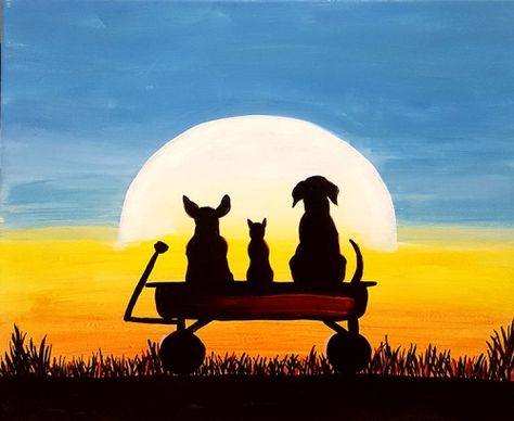 Silhouette Painting, Paint Nite, Simple Acrylic Paintings, Wow Art, Night Painting, Beginner Painting, Dog Paintings, Painting Class, Pictures To Paint