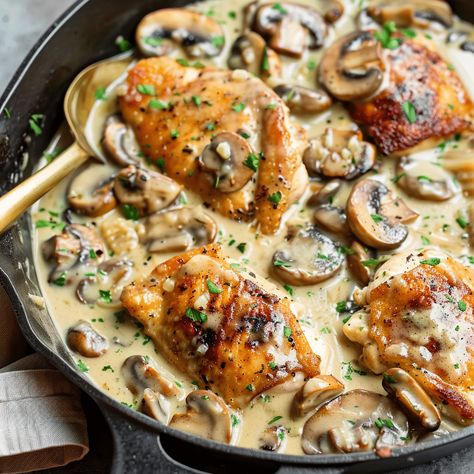 Creamy mushroom garlic chicken thighs, perfectly seasoned and cooked to perfection, a delightful meal in just 30 minutes! Lemon And Mushroom Chicken, Chicken Thigh With Spinach Recipes, Chicken Thigh Fall Recipe, Creamy Mushroom Chicken Thighs, Keto Chicken And Mushrooms Recipes, Easy Healthy Comfort Food Dinners, Mushrooms And Chicken Recipes, Boneless Skinless Chicken Thigh Recipes Dutch Oven, Chicken Thigh Mushroom Recipes