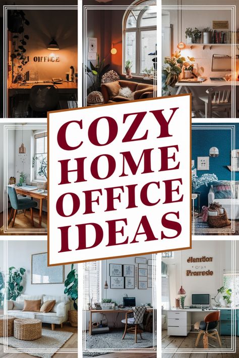 Cozy home office ideas displayed in a collage of different stylish and comfortable workspaces. Wfh Must Haves, Home Office Creative Space, Modern Cozy Office, Home Office In Bedroom Ideas, Boho Office Space Workspaces, Cozy Home Office Ideas, Home Office Decor Inspiration, Office Decor Inspiration, Cozy Decor Ideas