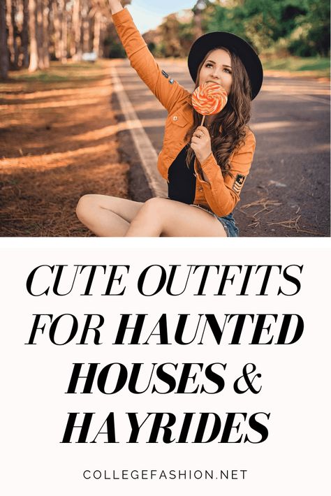 What to wear to haunted houses and hayrides - cute outfit ideas Hayride Outfit, Haunted House Outfit, Halloween Inspired Outfits, Chic Mom Outfits, Fall Festival Outfit, Hunted House, Cute Fall Outfit Ideas, Cute Concert Outfits, Cute Halloween Outfits