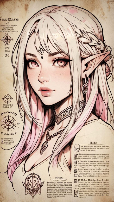 Dragon Elven Heroine Fantasy Drawing Sketches, Long Hair Designs Drawing, Character Art Tutorial, Sibling Art Reference, Hảir Style Drawing Reference, Aphrodite Art Drawing, Drawing Fantasy Art Sketches, Dungeons And Dragons Character Design, Silver Pink Hair