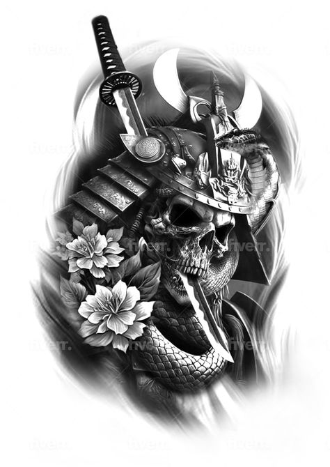 Create unique custom tattoo design by Ardaaktop | Fiverr Dark Samurai Tattoo, Evil Samurai Tattoo, Samurai Shoulder Tattoo, Ronin Tattoo Design, Full Back Tattoo For Men, Ninja Tattoos, Orientalism Art Tattoo, Japanese Skull Tattoo, Samurai Skull Tattoo