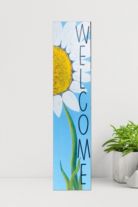 Summer Porch Signs, Welcome Porch Sign, Easy Fall Wreaths, Porch Welcome Sign, Summer Porch, Daisy Painting, Porch Sign, Easy Fall, Covered Porch