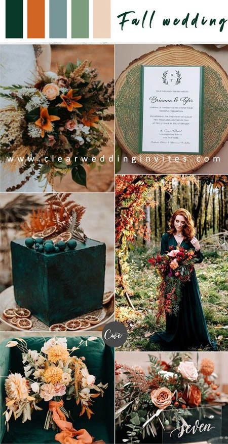 Stunning Emerald Wedding Color from Real Weddings and Inspiration – Clear Wedding Invites Green Fall Weddings, October Wedding Colors, Emerald Wedding Colors, Emerald Green Wedding Theme, Hunter Green Wedding, Forest Green Wedding, Dark Green Wedding, Fall Wedding Color Schemes, Rusting Wedding