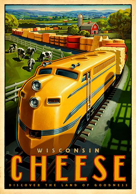 Jeff Foster illustration, retro and vintage digital artist - Wisconsin Dairy Posters Wisconsin Cheese, Railroad Art, Train Posters, Postal Vintage, Railway Posters, Deco Poster, Train Art, Poster Ads, Art Deco Posters