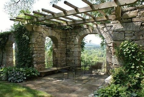 Stone Pergola, Stone Garden Wall, Stone Walls Garden, Stone Wall Design, Stone Landscaping, Aged Wood, Walled Garden, Dry Stone, Stone Garden