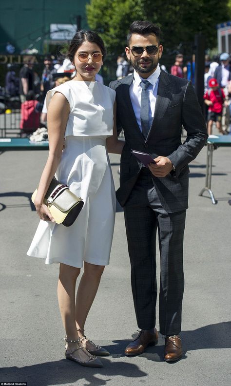 Bollywood actress Anushka Sharma and Indian cricketer Virat Kohli - At 2015 Wimbledon.  (10 July 2015) Anushka Sharma And Virat, Virat Kohli And Anushka, Virat And Anushka, Wedding Dresses Men Indian, Lawn Tennis, Bollywood Couples, Anushka Sharma, Virat Kohli, Bollywood Celebrities