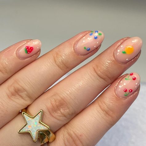 @cloudnails.by.eleanor Nail Designs Colourful, Nails With Fruit Design, Short Fruit Nails, Nails With Fruit, French Tip Nails With Fruit Design, Short Fruit Nail Designs, Cute Fruit Nail Designs, Tiny Fruit Nails, Fruity Nails