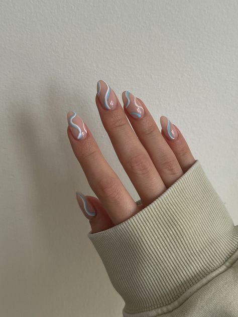 Modern aesthetic nude nails with light blue and white wavey lines. Spring nail design inspo Nails With Light Blue, Aesthetic Nail Design, Nail Design Blue, Spring Nail Design, Aesthetic Nail, Nails 2022, Blue Nail Designs, Minimal Aesthetic, Spring Nail