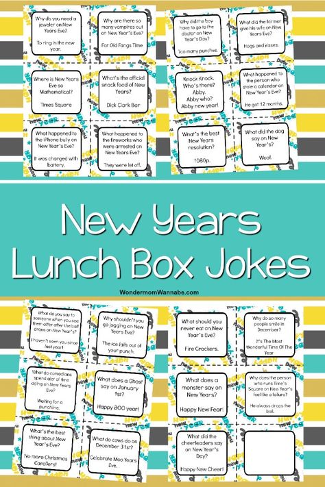 Your child will love getting printable New Year Lunch Box Jokes for Kids in their lunch pail every day at school. New Year themed jokes keep kids laughing. #printables #lunchboxnotes #newyears Lunch Box Jokes For Kids, New Year Jokes, Printable Lunch Box Notes, Lunchbox Jokes, Lunch Pail, New Years Activities, Lunch Box Notes, Kids Laughing, Jokes And Riddles