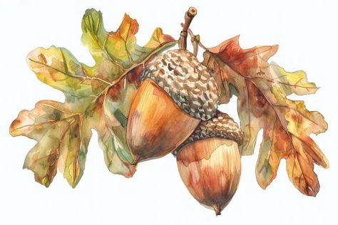 2 acorns with 2 oak leaves watercolor art nature-inspired. | free image by rawpixel.com / nun Quercus Alba, Acorn Image, Acorn Painting, Drawing Steps, Watercolor Autumn Leaves, Autumn Leaves Art, Leaves Watercolor, Leaves Art, Leaves Illustration