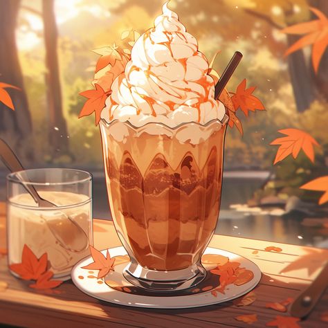 Fall Food Illustration, Fall Anime Aesthetic Wallpaper, Autumn Anime Art, Pumpkin Spice Latte Illustration, Pumpkin Spice Drawing, Autumn Aesthetic Anime, Pumpkin Latte Aesthetic, Anime Fall Aesthetic, Pumpkin Spice Latte Drawing