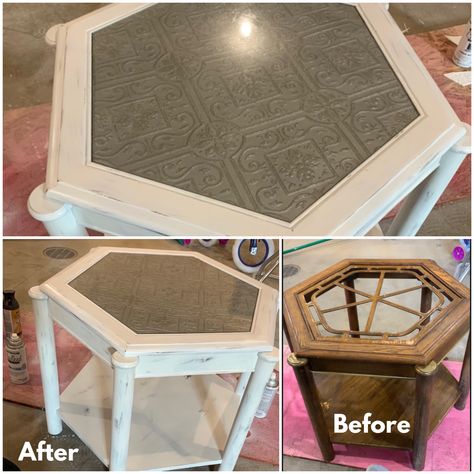 Refinishing hexagon end table Glass Top End Table Makeover, Rustoleum Chalked Spray Paint, Hexagon End Table, Redo End Tables, Table Refinishing, Rustoleum Chalked, Diy End Table, Chalk Spray Paint, Hexagon Coffee Table