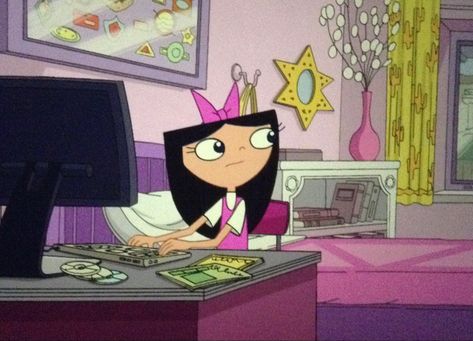 isabella garcia-shapiro (one of the main, animated, fictional character from phineas and ferb) sitting at her desk in her room looking at her computer, her room is pink and girly and colourful, she seems to have a perplexed look on her face Isabella From Phineas And Ferb, Isabella Garcia Shapiro, Bedroom Animation, Isabella Garcia, Coquette Bedroom, Whatcha Doin, Ashlynn Ella, Birthday Clip, Girly Coquette