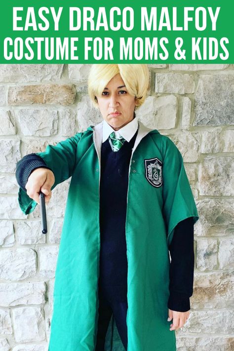 If you're looking for a Harry Potter costume outside the box, make this easy DIY #DracoMalfoy costume if you're team Slytherin! You can make this and other last-minute costumes for moms and kids. Diy Draco Malfoy Costume, Voldemort Costume Diy, Easy Harry Potter Costume Last Minute, Harry Potter Toddler Costume, Baby Mandrake Costume Diy, Quick Harry Potter Costume Easy Diy, Draco Malfoy Costume, Slytherin Costume, Mom Halloween Costumes