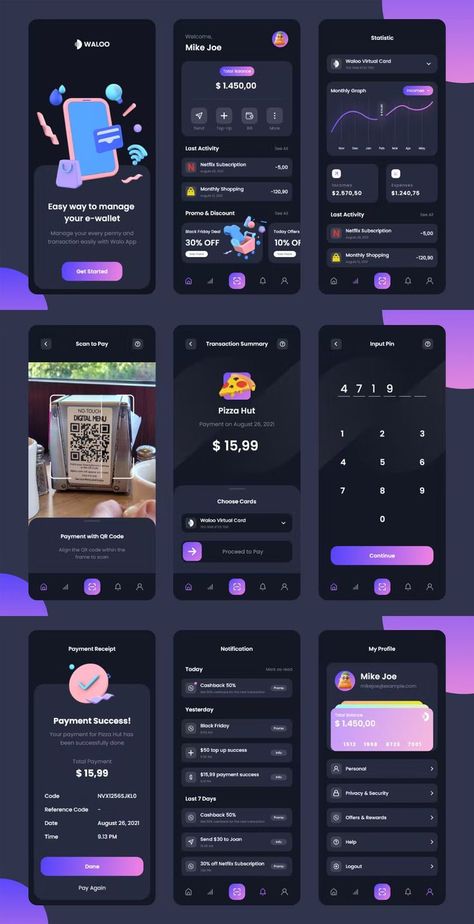 e-Wallet Mobile App UI Template XD, FIG, SKETCH. 10 screen designs. Fig Sketch, Software Landing Page, Android Design, App Interface Design, App Interface, Mobile App Ui, Ui Design Inspiration, App Ui Design, Screen Design