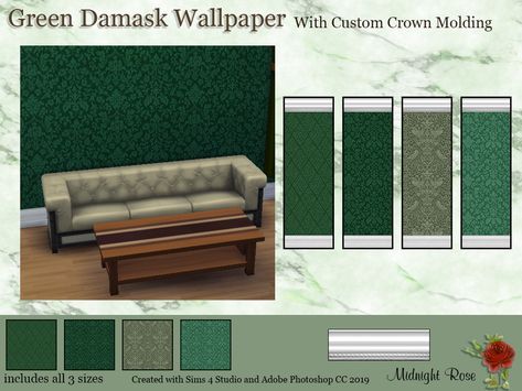 Sims 4 Shabby Chic, Sims 4 Walls, Rustic Wood Floors, Stripe Wall, Red Damask, Beauty Wallpaper, Damask Wallpaper, Sims House, Sims 4 Cc