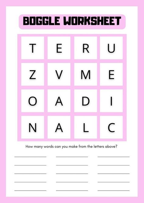 Boggle is a matrix of unorganized letters. Players get a chance to form as many words as they can by using the letters given in the grid only. This worksheet helps train the mind to deduce meaningful information from scattered sources. #boggleworksheet #boggleworksheetfree #boggleforkids #boggleboardclassroom #boggleboard #boggleworksheetforkids #boggleprintableworksheets #printablebogglegame #bogglelettersprintable #freeprintableboggleworksheet #freeprintableboggleletters Boggle Worksheet Free, Boggle Board Classroom, Math Boggle, Boggle Board, Boggle Game, Letter A Words, Picture Comprehension, Senior Games, Making Words