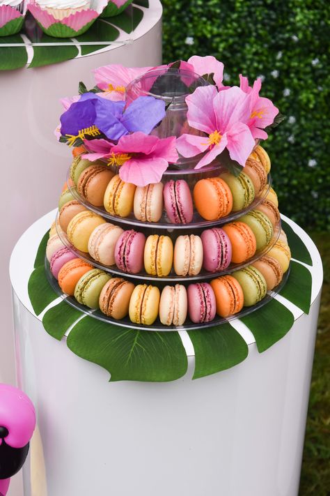 Tropical Flamingo Party, Tropical Sweet 16, Macarons Tower, Party Macarons, Tropical Party Foods, Hawaii Birthday Party, Andover Massachusetts, Luau Party Food, Tropical Theme Party