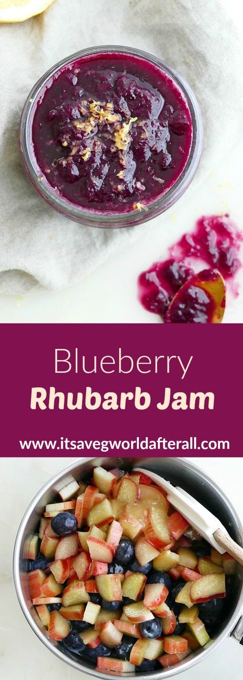 Blueberry Rhubarb Jam - this low sugar blueberry jam has only 5 ingredients: sweet blueberries, tart rhubarb, lemon juice, water, and a hint of honey. Tastes great on toast or muffins, and stores well in the fridge or freezer! #rhubarbseason #blueberries Bluebarb Jam, Low Sugar Blueberry Jam, Blueberry Rhubarb Jam, Blueberry Rhubarb, Low Sugar Jam, Lemon Juice Water, Rhubarb Desserts, Jam Recipes Homemade, Rhubarb Jam