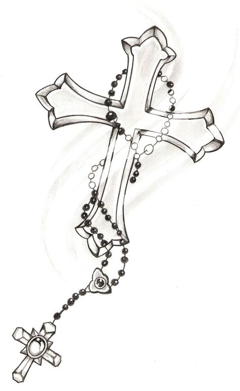 Cross And Chain Tattoo, Cross With Rosary Drawing, Cross And Rosery Tattoos, Cross With Chain Tattoo, Cross Necklace Drawing, Cross And Rosary Tattoo, Cross Chain Tattoo, Drawing Ideas Cross, Cross With Rosary Tattoo